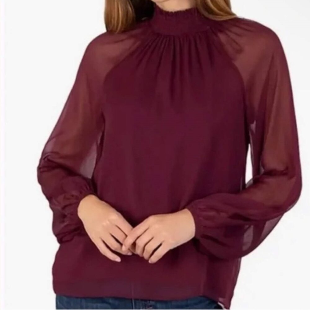 Joie Smocked Top Women's Puff Long‎ Sleeve Layered Buttoned Back Neck XL